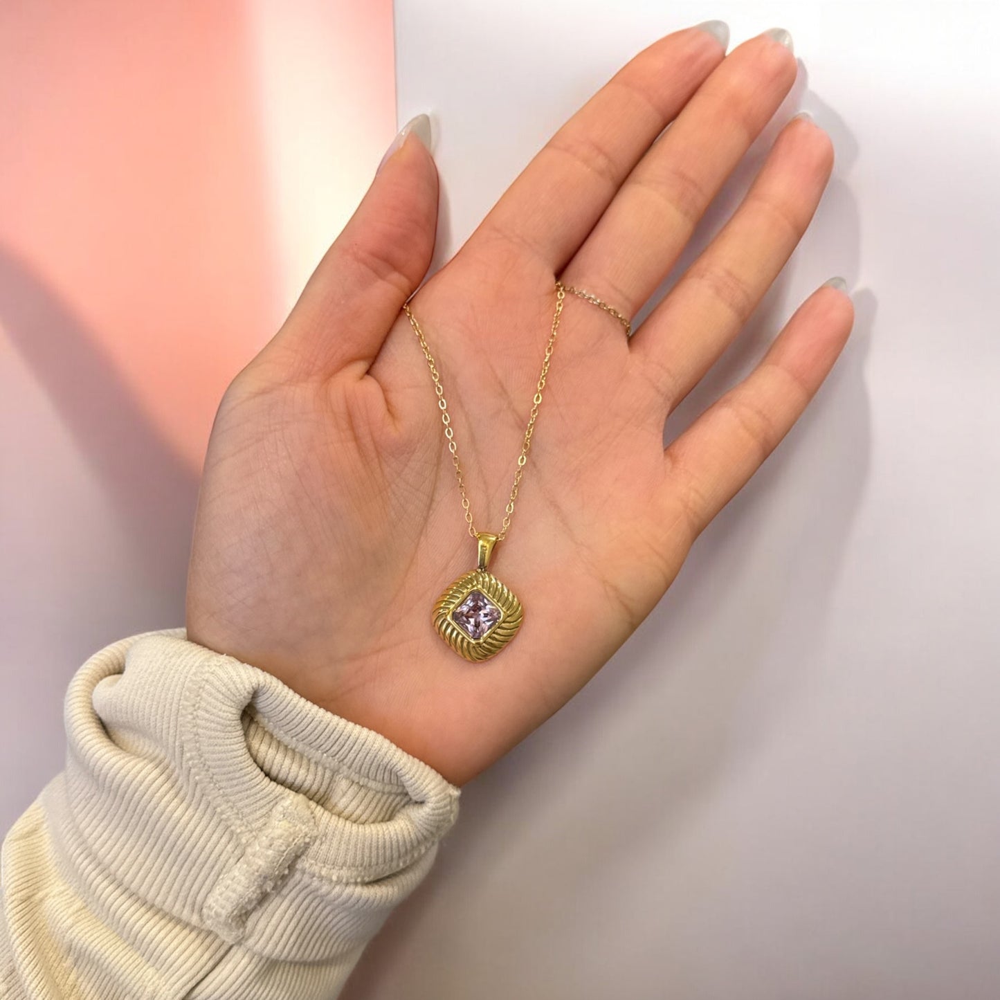 Pink Stone Textured Frame Necklace - Gold