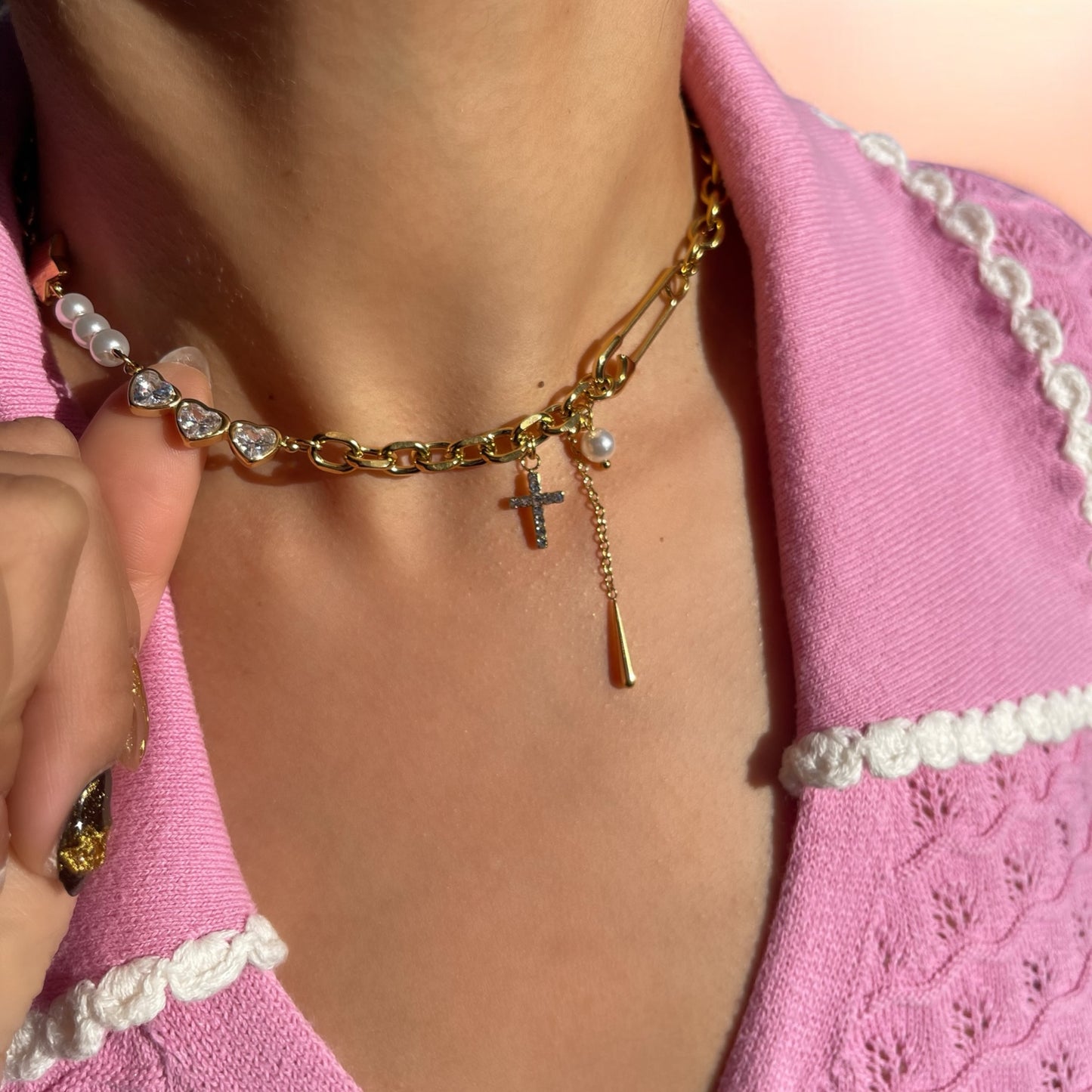 Pearl Patchwork Necklace - Gold Chain with Star, Cross, and Heart Pendants