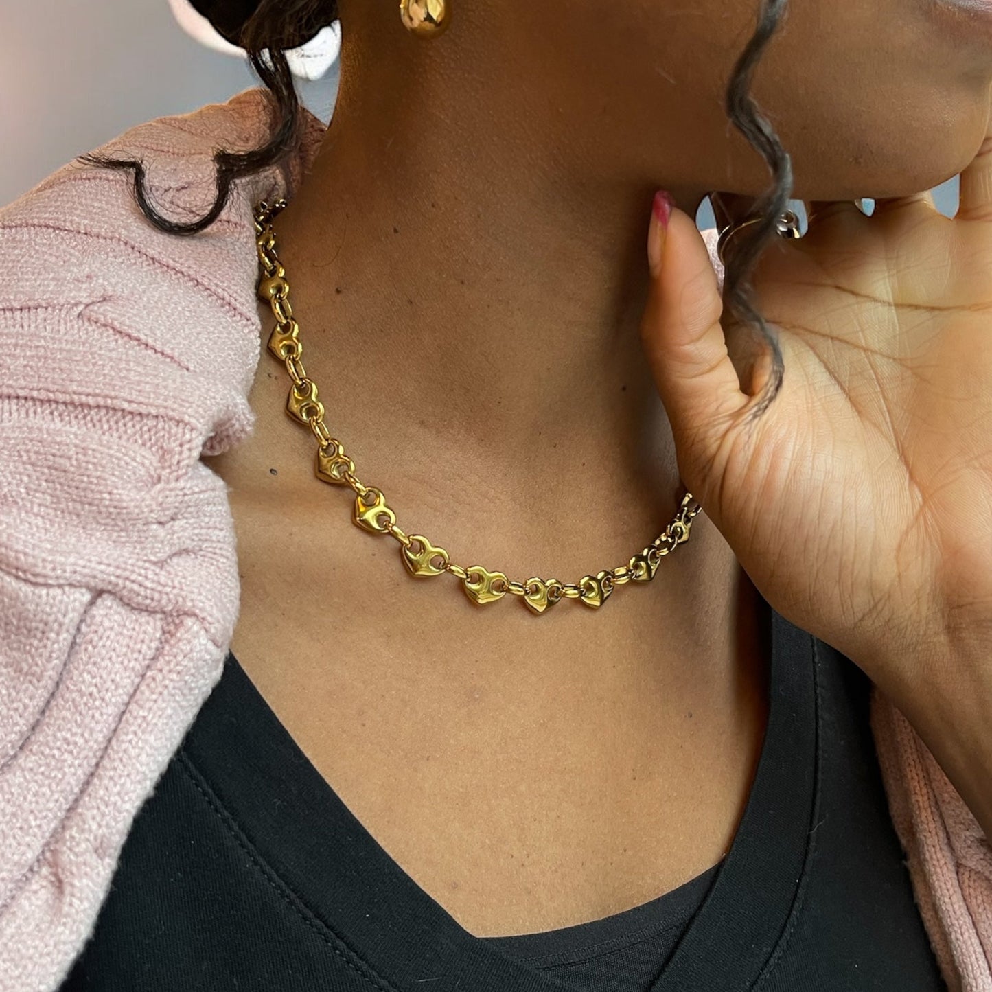 Pig Nose Heart Link Chain Necklace - Gold