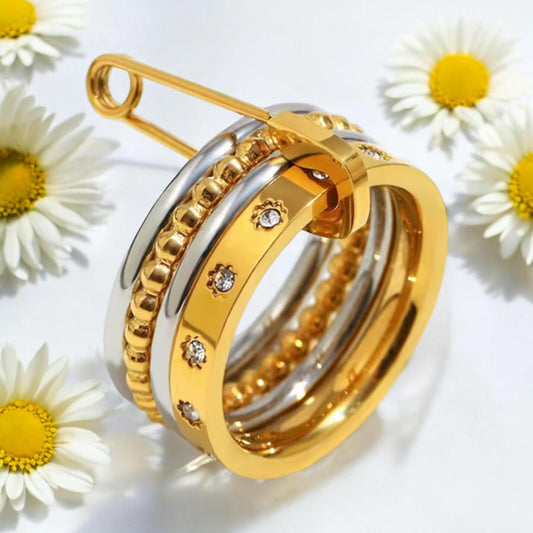 Mixed Metal Safety Pin Ring - Gold and Silver