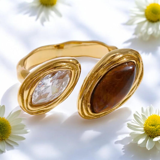 [PRE ORDER: Ships on or before 3/30] Two Stone Statement Adjustable Ring - Tiger Eye and Gold