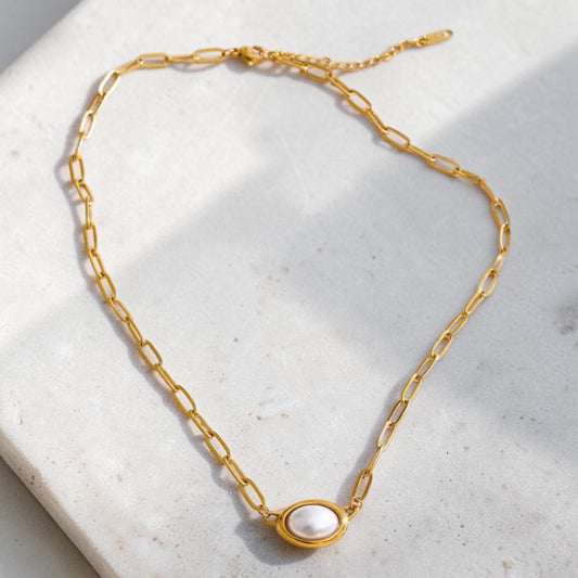 Pearl Paperclip Necklace - Gold